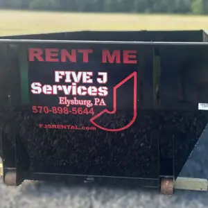 A black bin with the words rent me five j services on it.